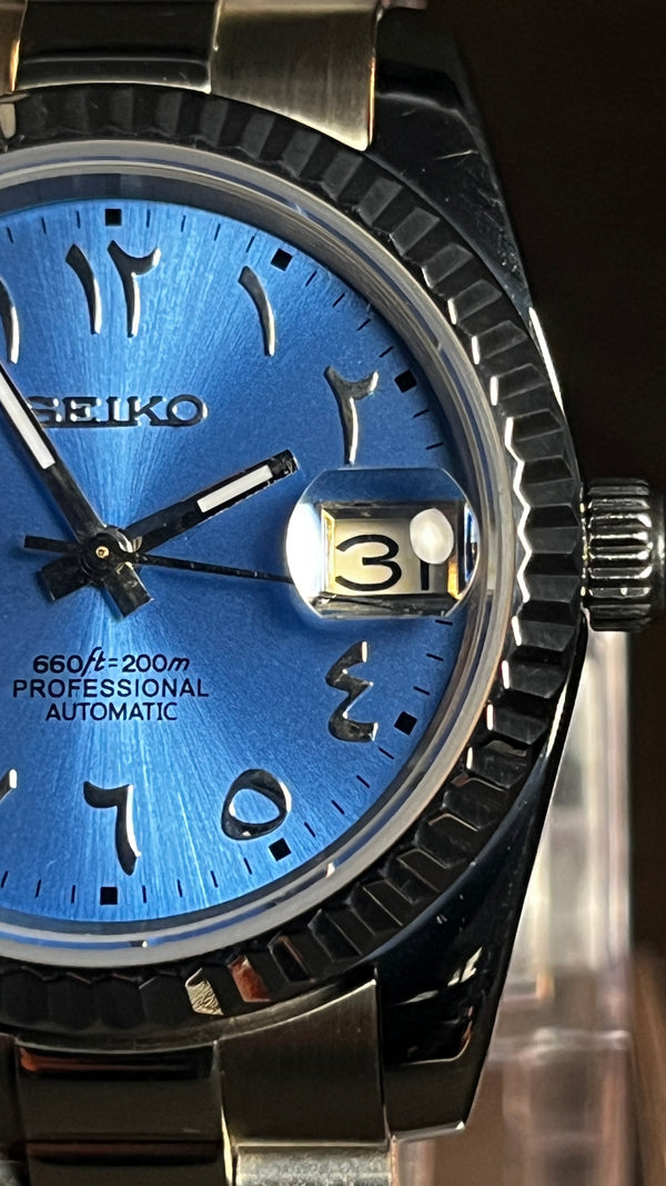 Baby Blue Date-just Seiko Mod - SeyaWatches
