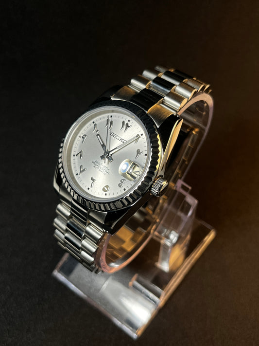 Seiko Mod, White Arabic Numerals Dial.
Camera tilted slightly to the right.